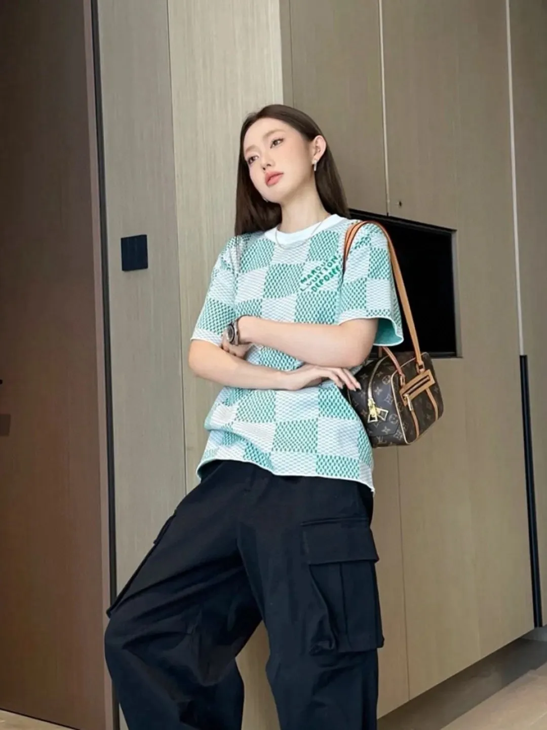 Louis Vuitton/Louis Vuitton checkerboard knitted jacquard short sleeves